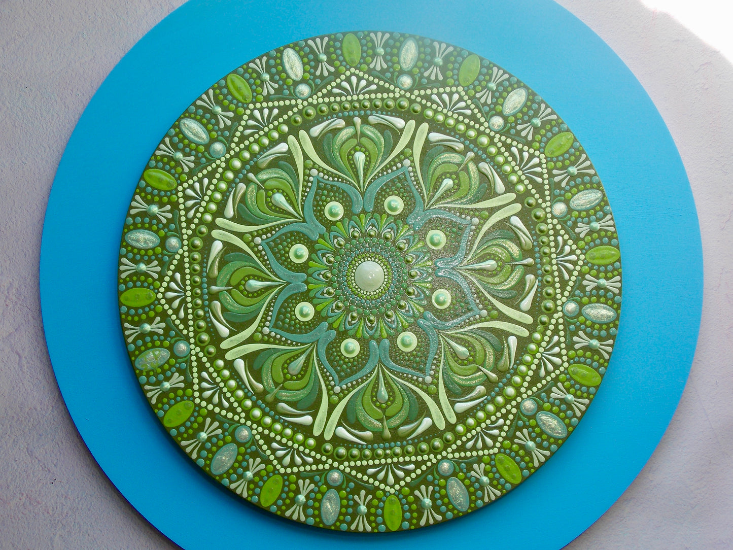 12in Round Hues of Green Mandala Art Hanging