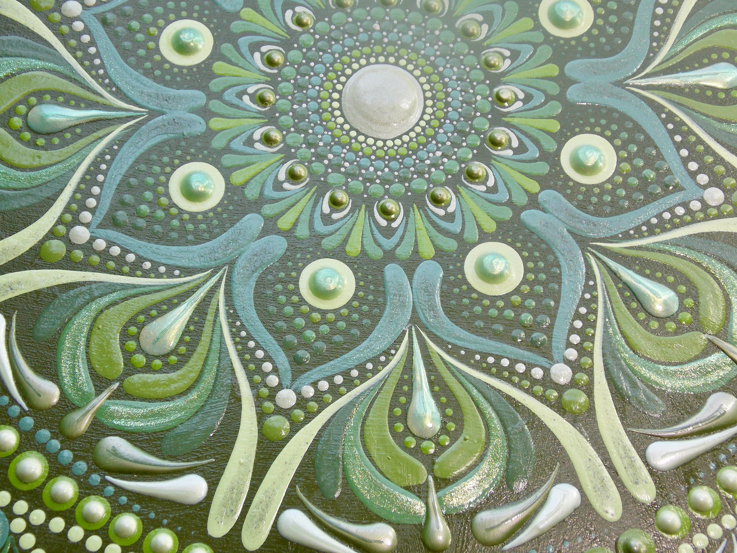 12in Round Hues of Green Mandala Art Hanging