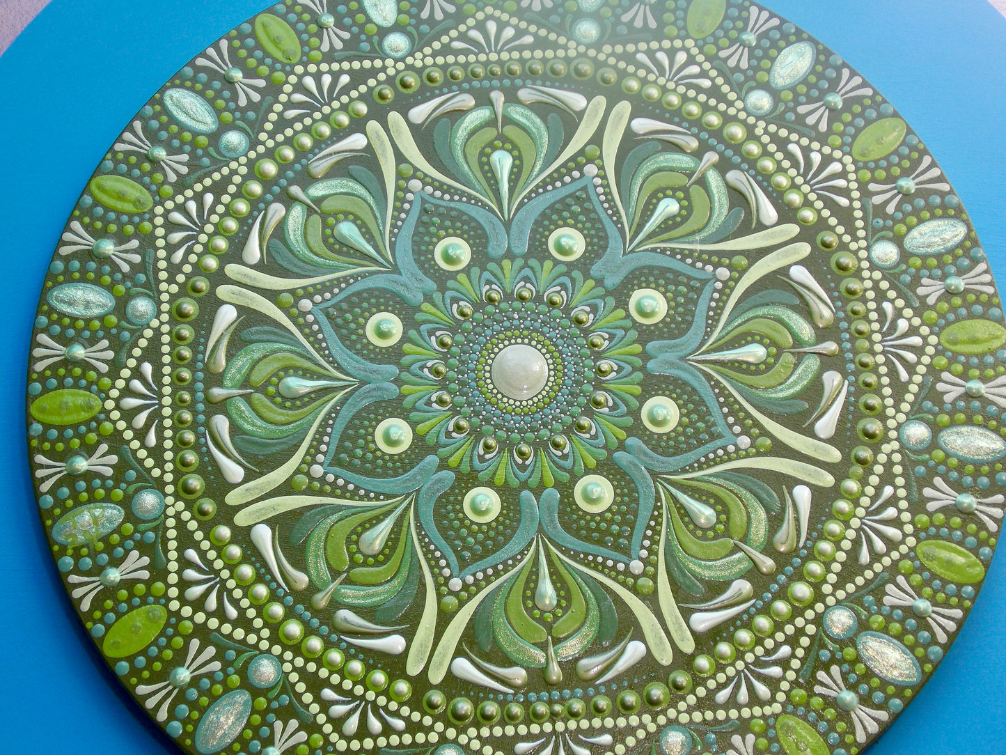 12in Round Hues of Green Mandala Art Hanging