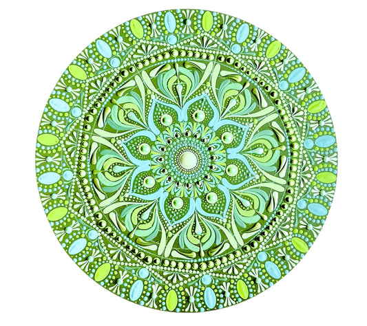 12in Round Hues of Green Mandala Art Hanging