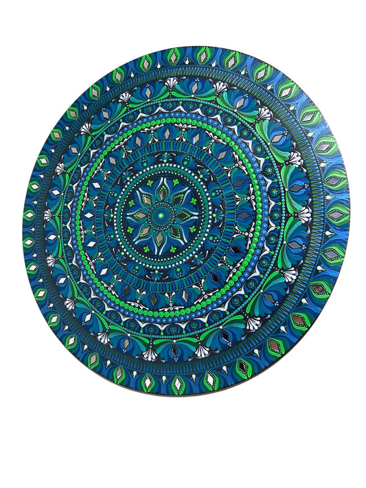 30in Round Blue-Green Mandala Wall Hanging